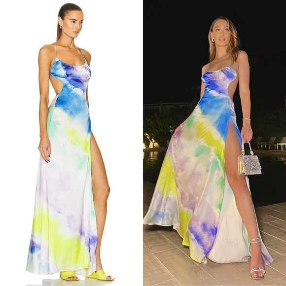 NWT RETROFETE Silk Watercolor Sleeveless Open Back Side Cutout Maxi Slip Gown XS - Picture 2 of 16